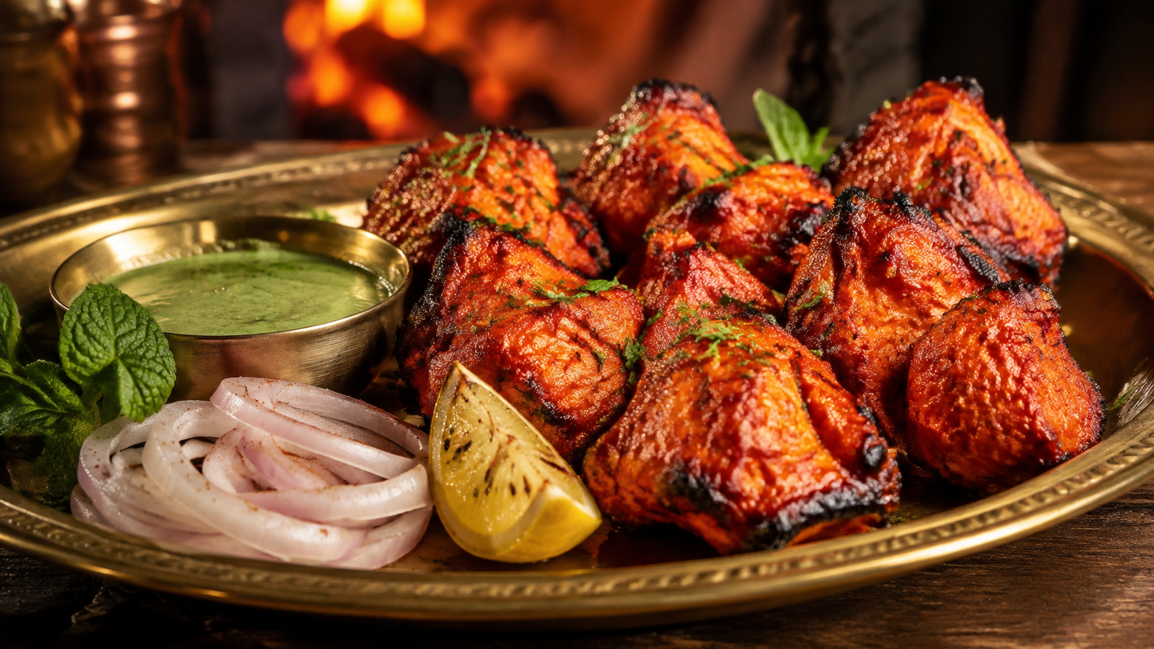 Restaurant style chicken tikka pieces with mint chutney