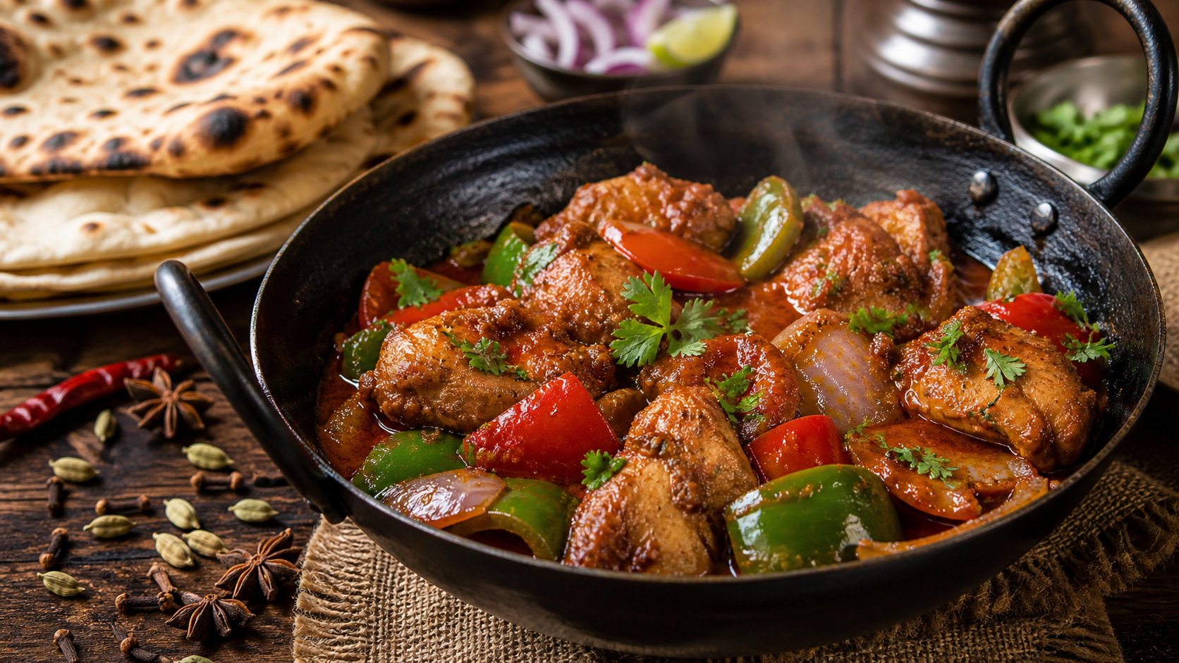 Restaurant style kadhai chicken with capsicum and onion in a black kadhai